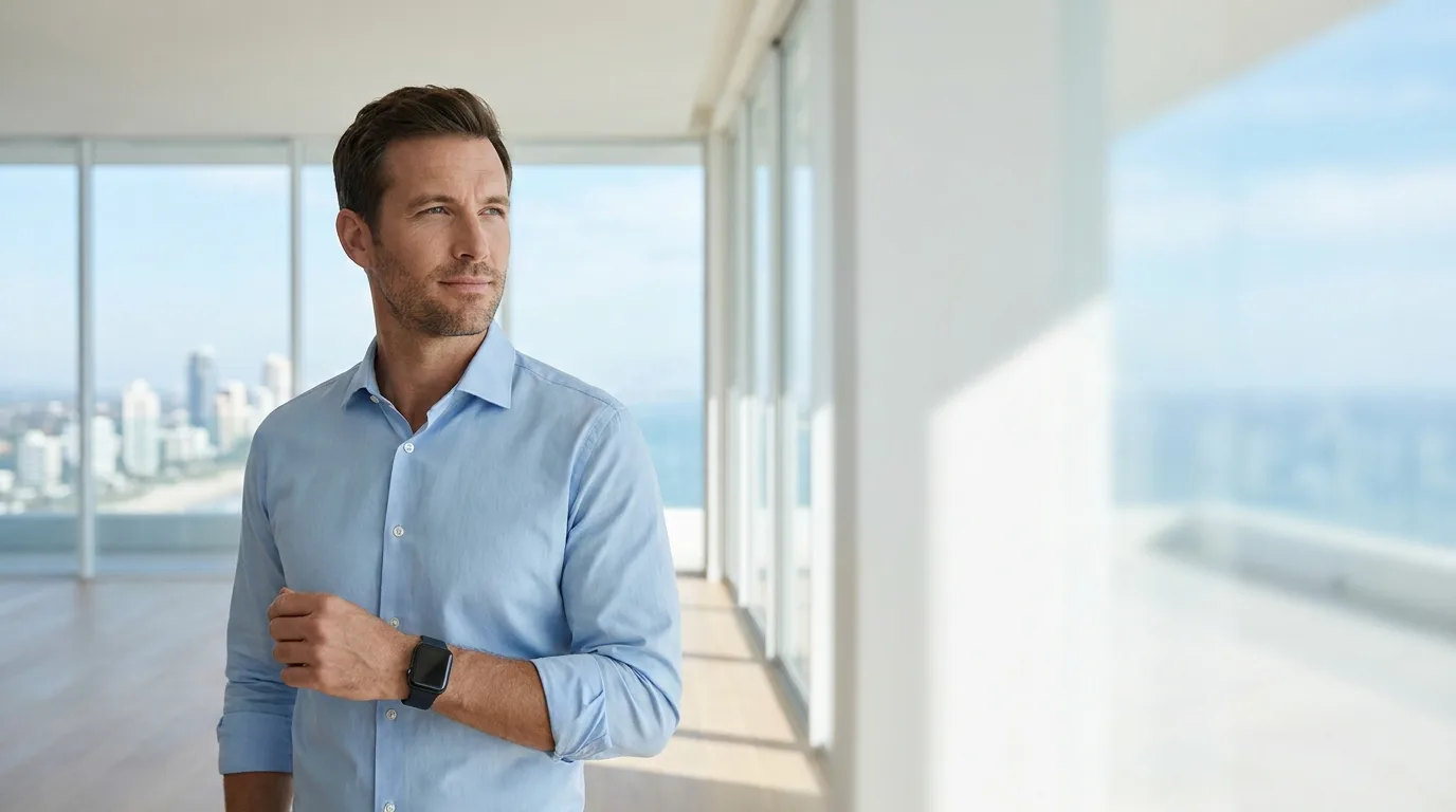 A person wearing a smartwatch in a bright, calm space